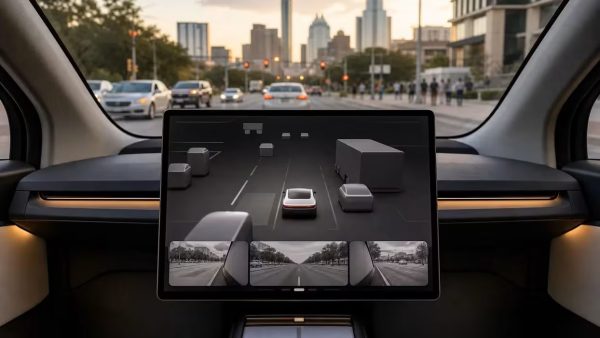 A Tesla expõe um Cybercab no Salão de Paris e deixa testar o FSD, que continua sem autorização em Portugal
